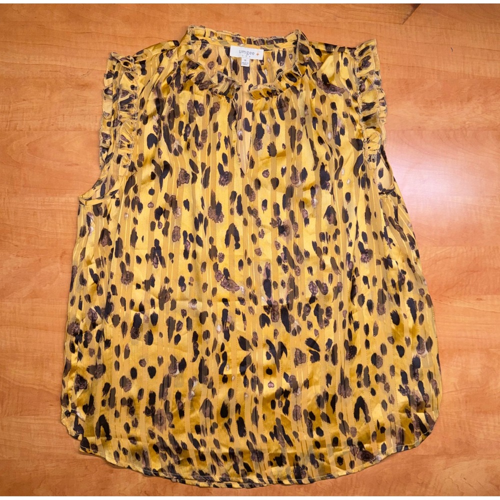 Umgee USA Leopard Print Metallic Stripe Ruffle Neck Blouse XL Yellow